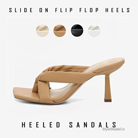 Square Toe Thong Heels Mules 2.75 Inch Kitten Heel Sandals Party Dress - Picture 3 of 7